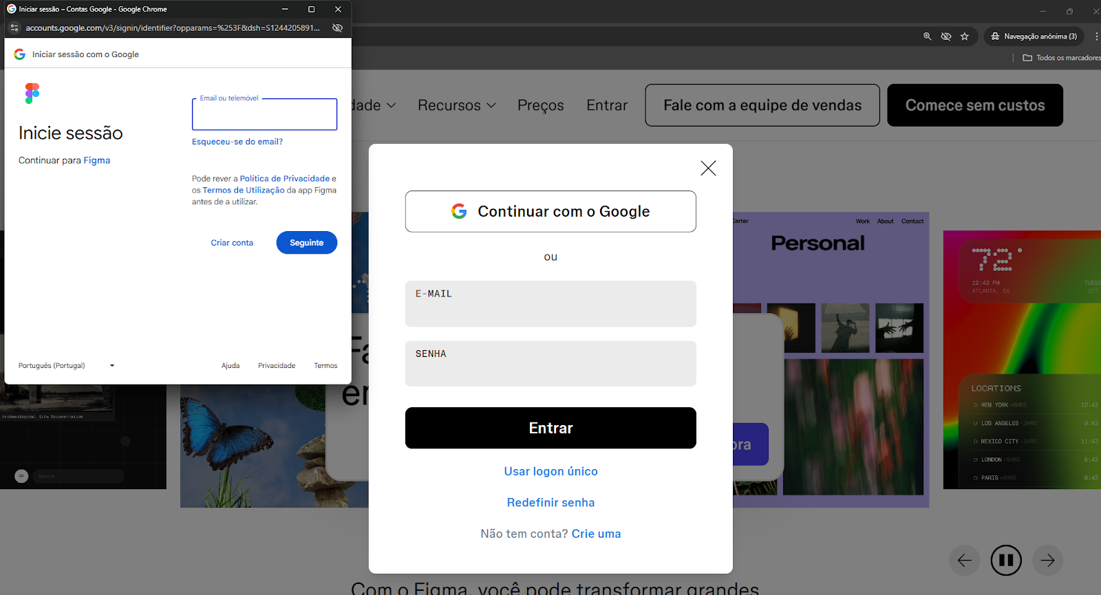 Captura de tela do Figma em opções cadastro continuar google