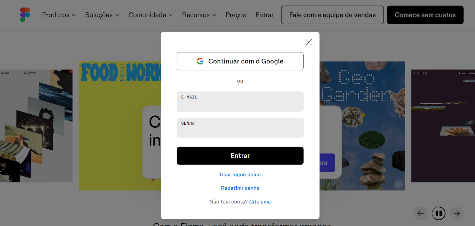 Captura de tela do Figma em opções cadastro